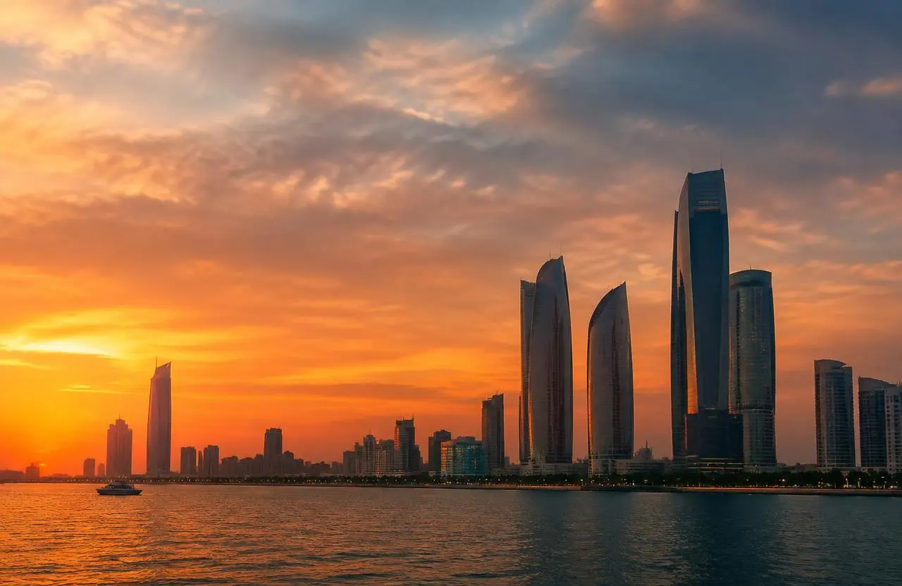 Abu Dhabi corniche skyline at sunset