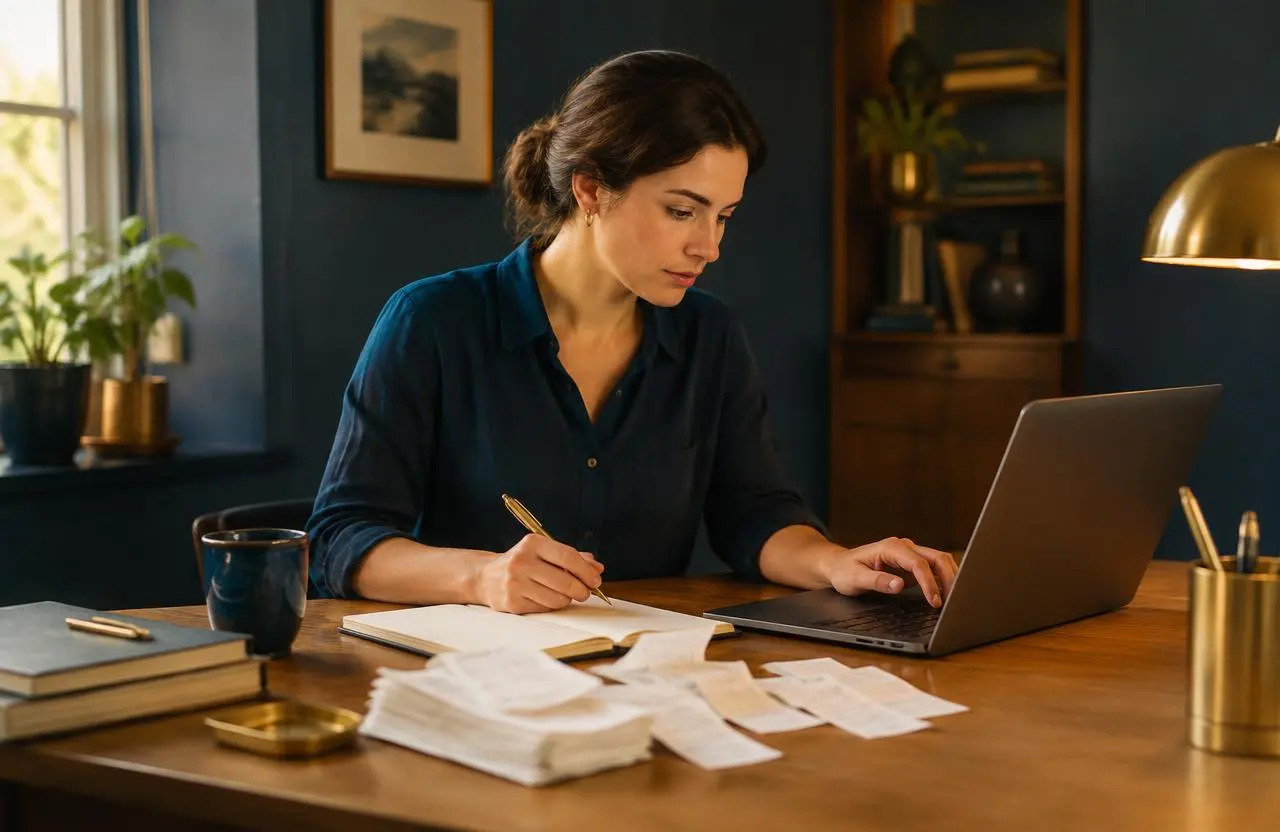 Melbourne bookkeeper working with receipts and a laptop
