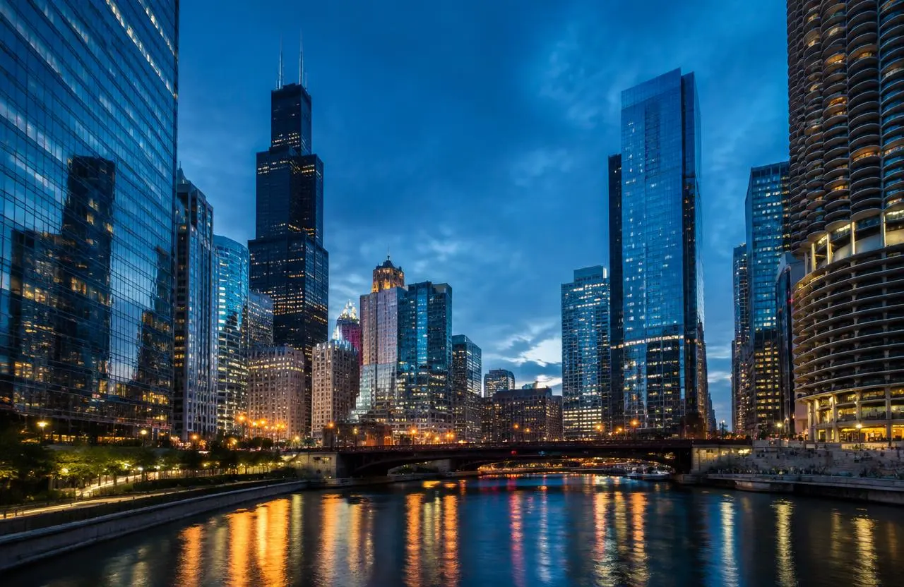 Chicago skyline and river at blue hour