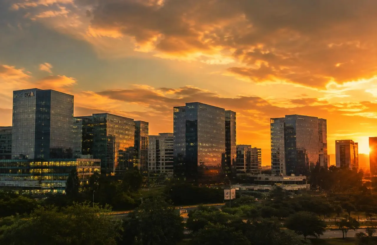 Office towers in Gurugram at golden hour