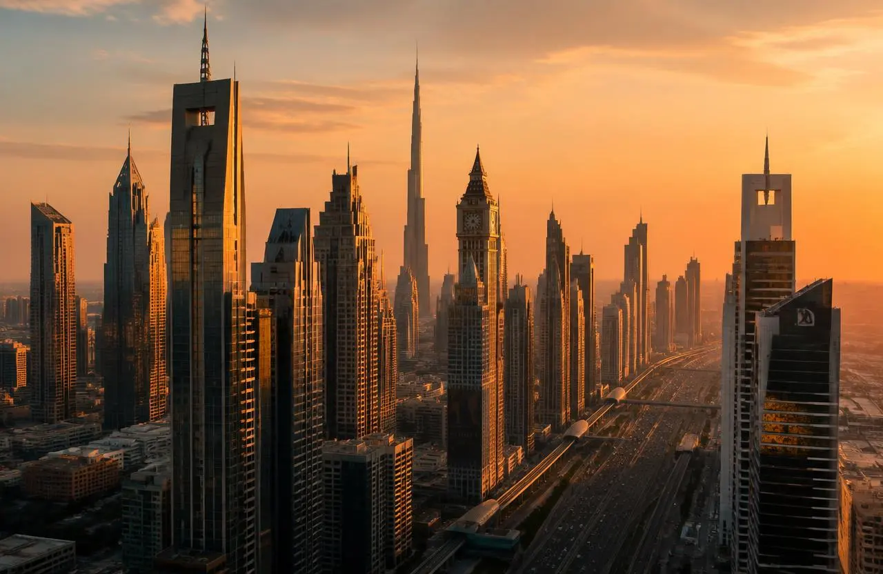 Dubai skyline along Sheikh Zayed Road at sunset