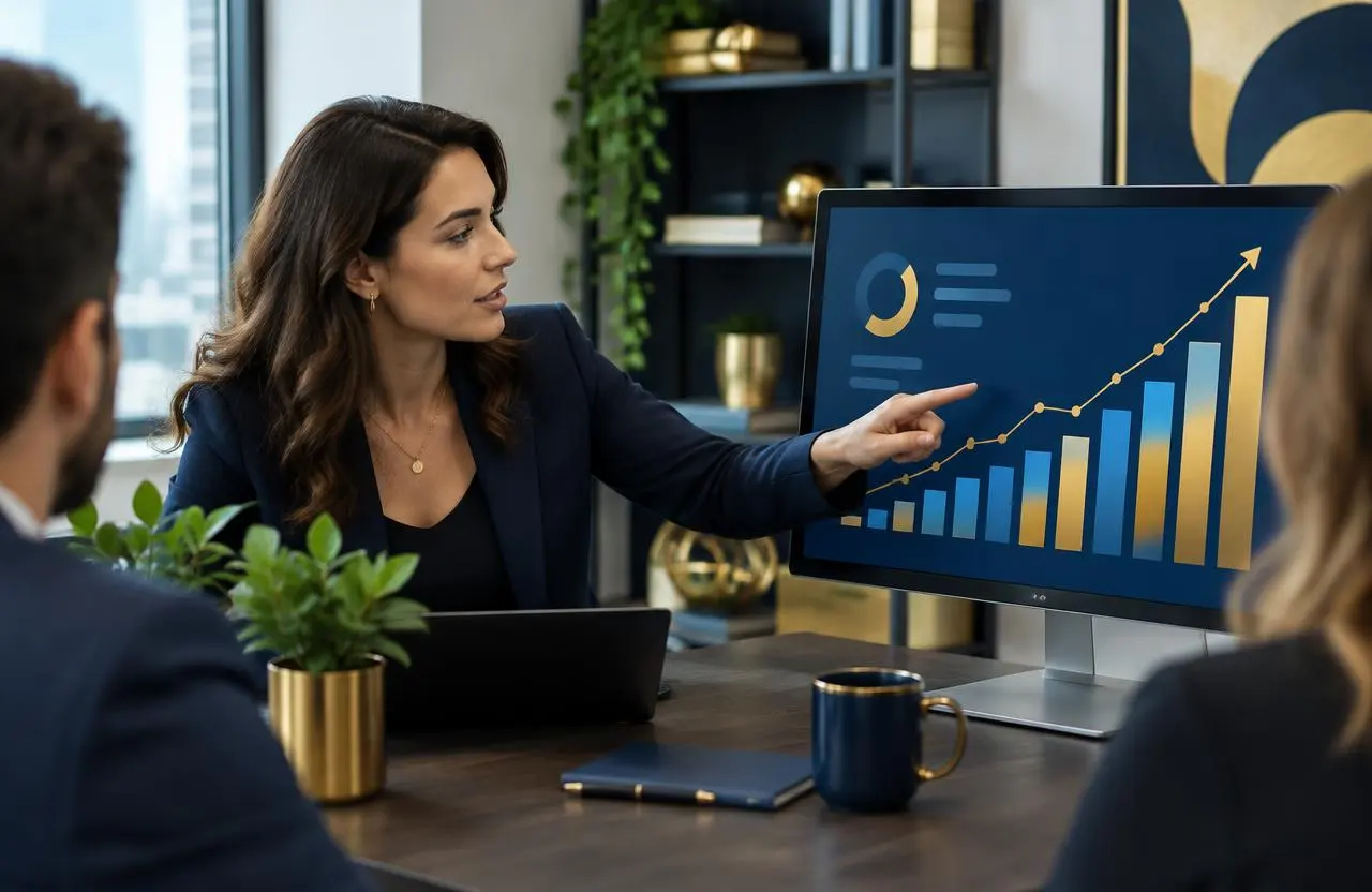 Consultant presenting a growth chart to investors