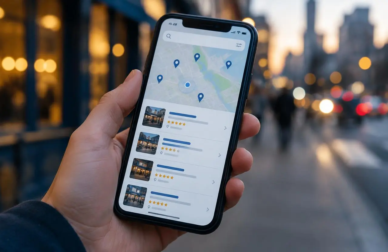 Smartphone showing a local map search for nearby professional firms
