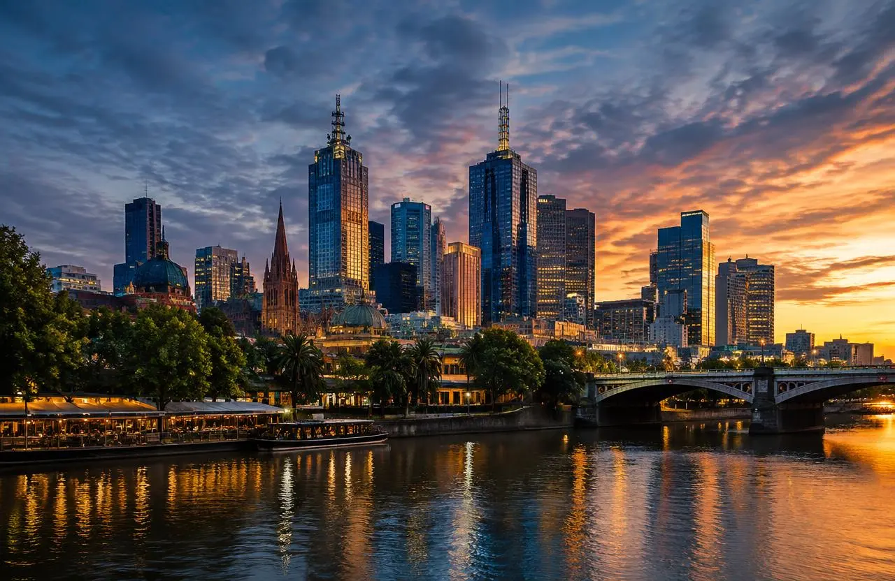 Melbourne skyline across the Yarra River at dusk