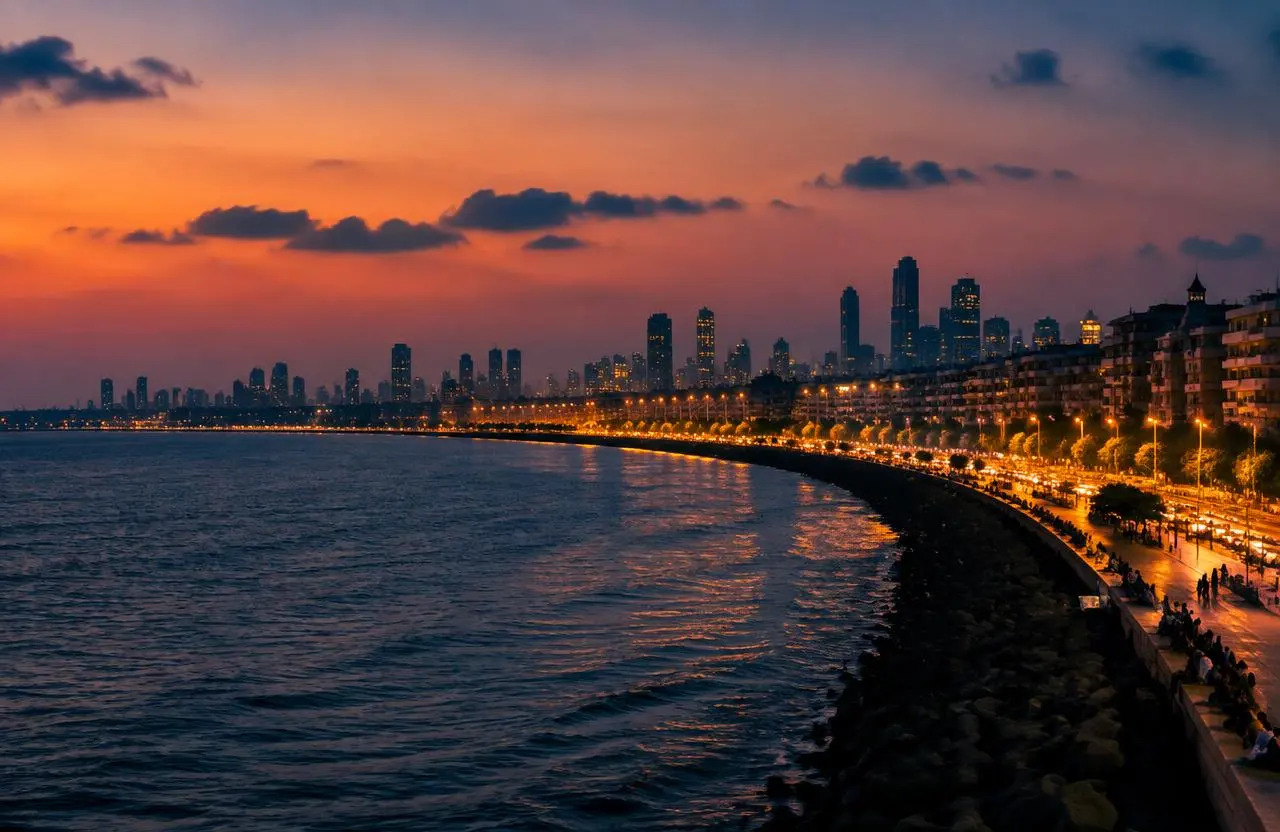Mumbai Marine Drive skyline at dusk