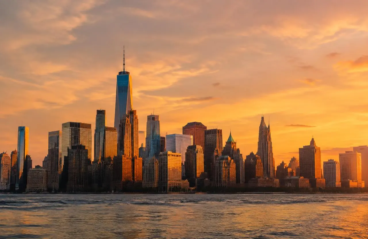 Manhattan skyline at golden hour, home to many US financial firms