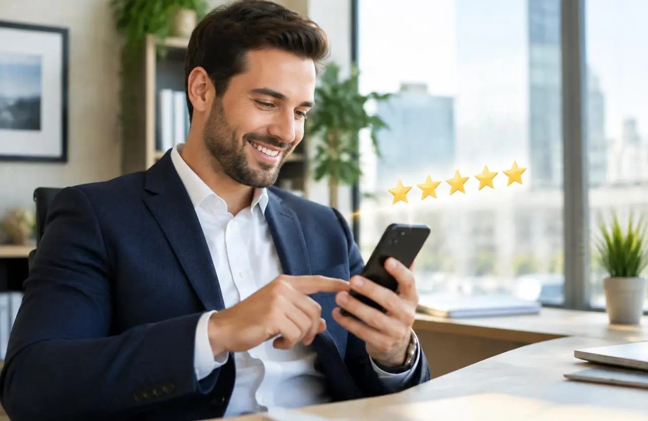 Business owner reading five-star reviews on a smartphone