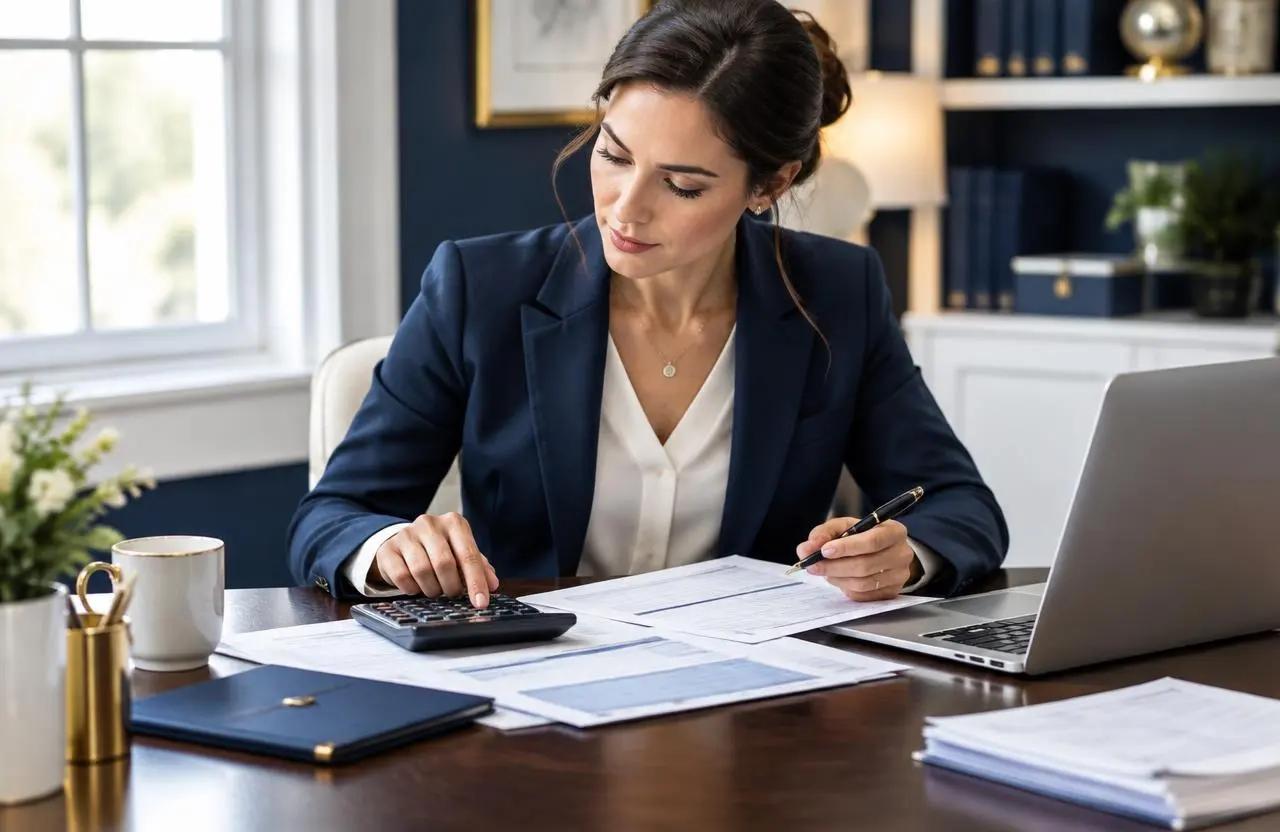 Tax consultant reviewing corporate tax paperwork with a calculator